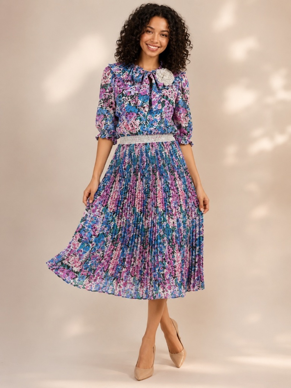 Vintage Diane Freis Pleated Floral Dress OSFM Beaded 80s Cottagecore Boho